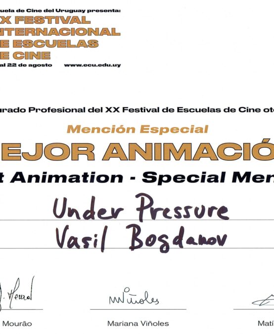 The animation film “Under pressure” by Vassil Bogdanov recieves Special mention by the Professional Jury in the 20 International Film Schools Festival